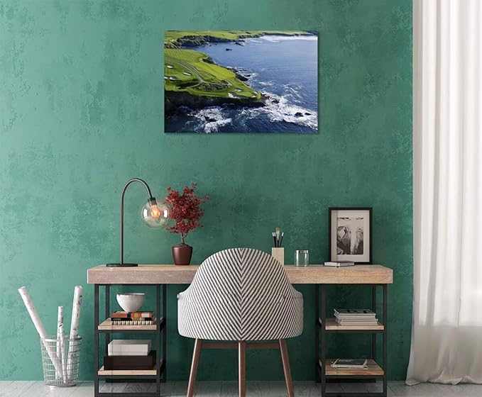Pebble Beach Golf Course Canvas Wall Art for Living Room Bedroom Bathrooom Home Decorations California Coastal Golf Course Picture Poster Framed Artwork Ready to Hang(24''H x 36''W)