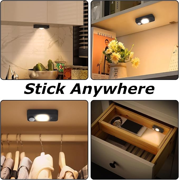 LED Motion Sensor Puck Lights, Rechargeable Cabinet Lights, Stick on Wireless LED Night Light for Closet, Drawer, Shelf, Under Cabinet, Warm White 4Pack, USB Charging Cord Included