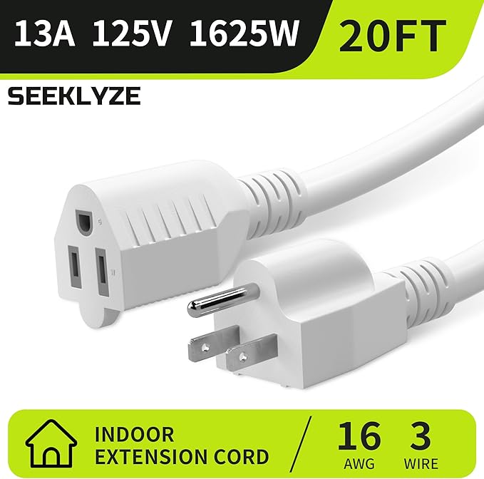 16/3 White Extension Cord 20 FT, Indoor Extension Cord for Laptops, Coffee Makers, Office Home Appliances, 3 Prong Resistant Cable Flexible, 13A 125V 1625W ETL Listed