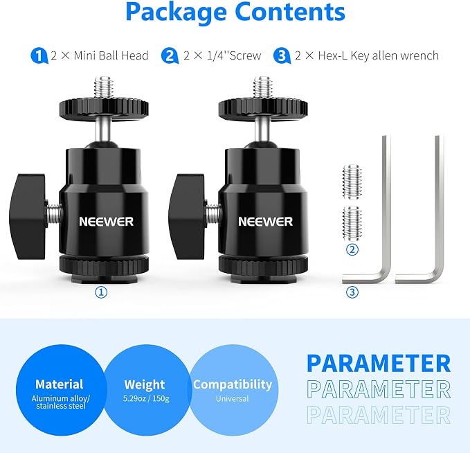 Neewer Mini Ball Head with Cold Shoe & 1/4” Screw, 2 Pack, 360° Swivel 90° Tilt