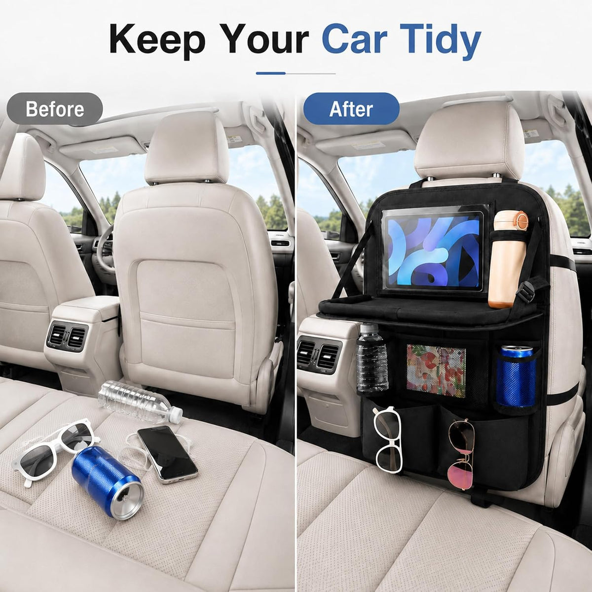 Car Backseat Organizer with Foldable Tray Table (2 Pack), Back Seat Organizer for Kids, Multi-Pocket Kick Mat Protector for Kids Travel Road Trip