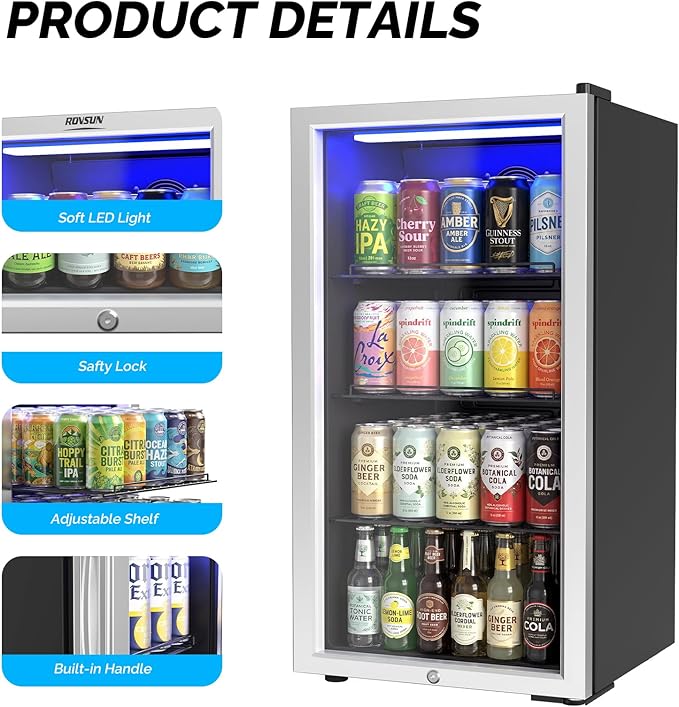 Bonnlo 130 Cans/3.3 Cu.Ft Beverage Refrigerator Cooler with Glass Door & Safety Lock, Quiet Mini Drink Fridge with Adjustable Shelf & Feet, Small Wine Cooler for Bedroom, Bar & Office, 32-50°F, 115V