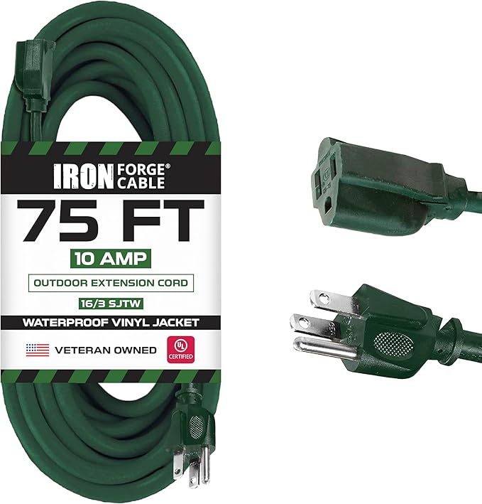 Iron Forge Cable Weatherproof 75 Ft Outdoor Extension Cord - 16/3 SJTW Heavy Duty Green Extension Cord 3 Prong - 10 Amp Exterior Power Cable