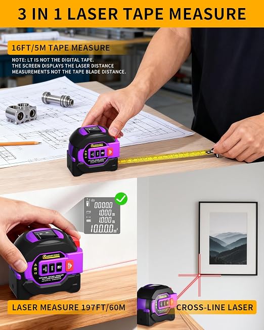 3 in 1 Digital Laser Tape Measure, 197ft/60m Laser Distance Meter, 16ft/5m