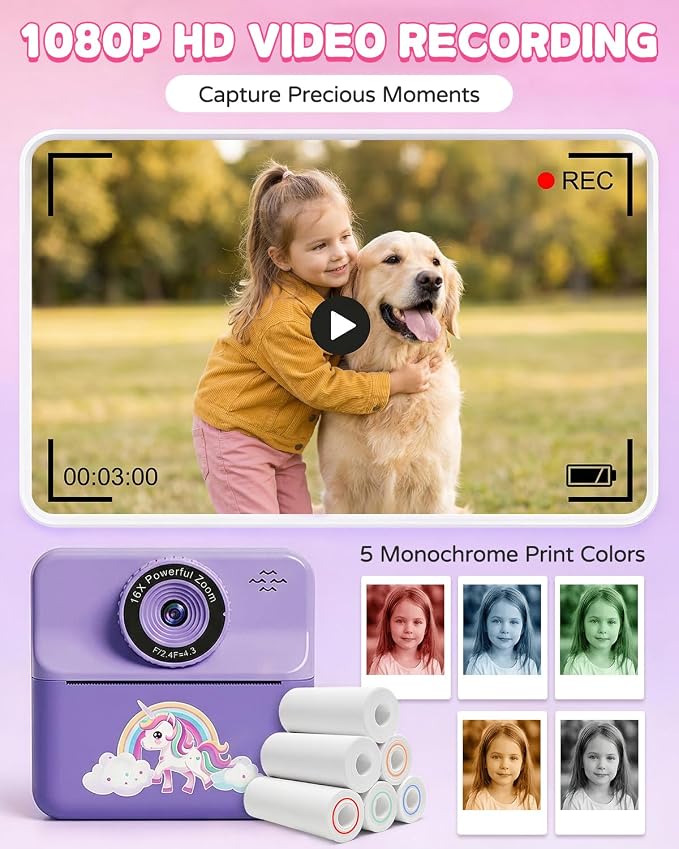 Kids Camera Instant Print with Carrying Case, Digital Selfie Camera with 6