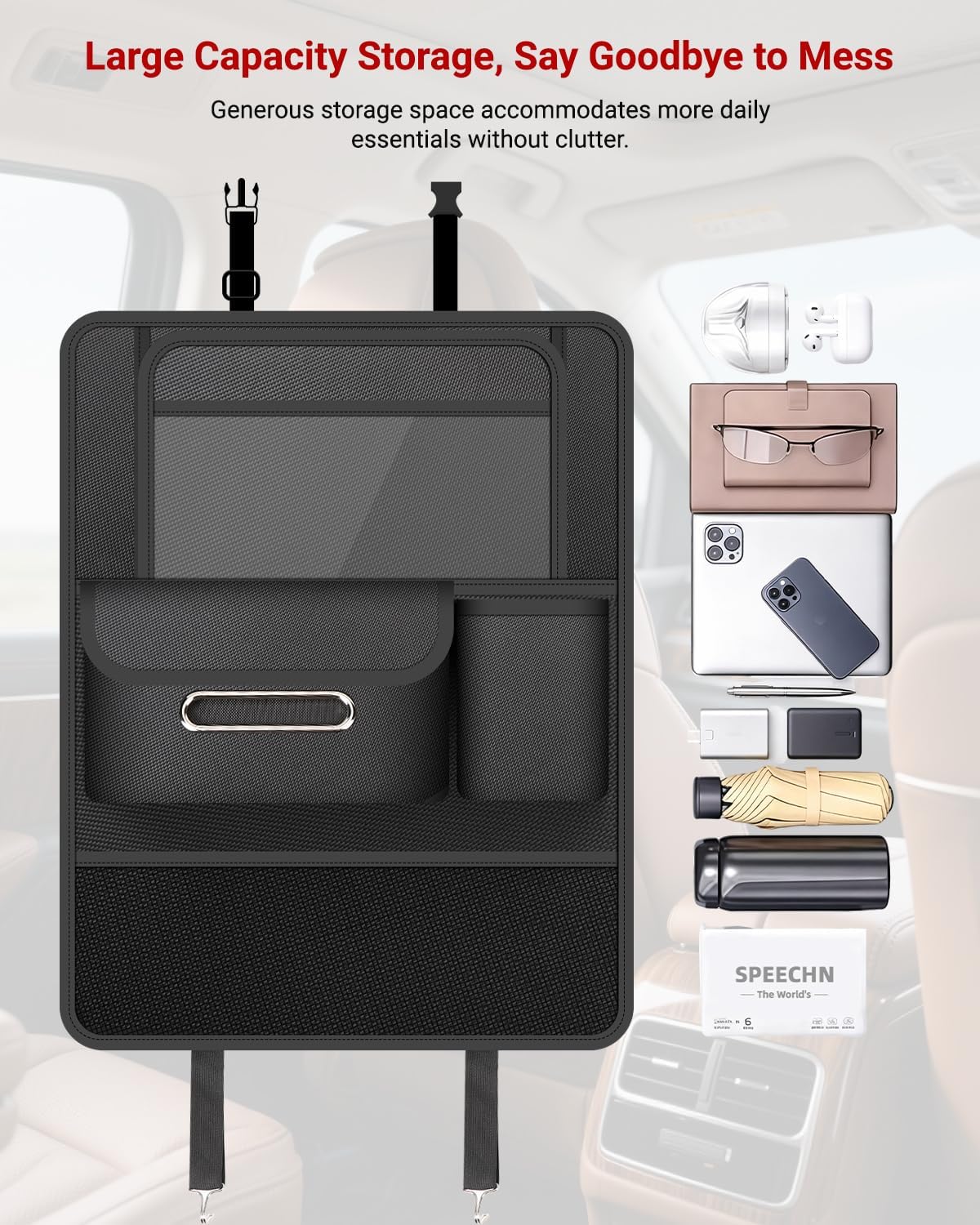 1pc Car Back Seat Organizer with Foldable Table Tray, 8 Storage Pockets & Tablet Holder, Kick Mat Back Seat Protector Cover for Kids, Road Trip Travel Accessories - Black
