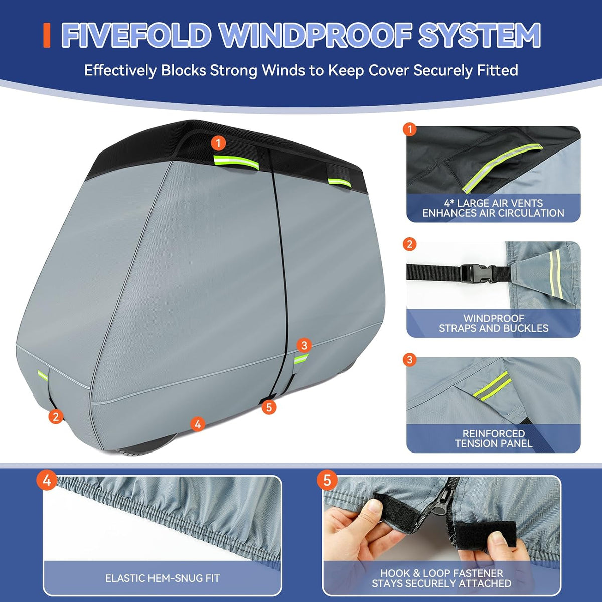 Ultra Thick 900D+600D Golf Cart Cover 2/4/6 Passenger 100% Waterproof Universal Fit for Yamaha, Club Car, EZGO with Large Storage & Toss Bag for All Weather Protection