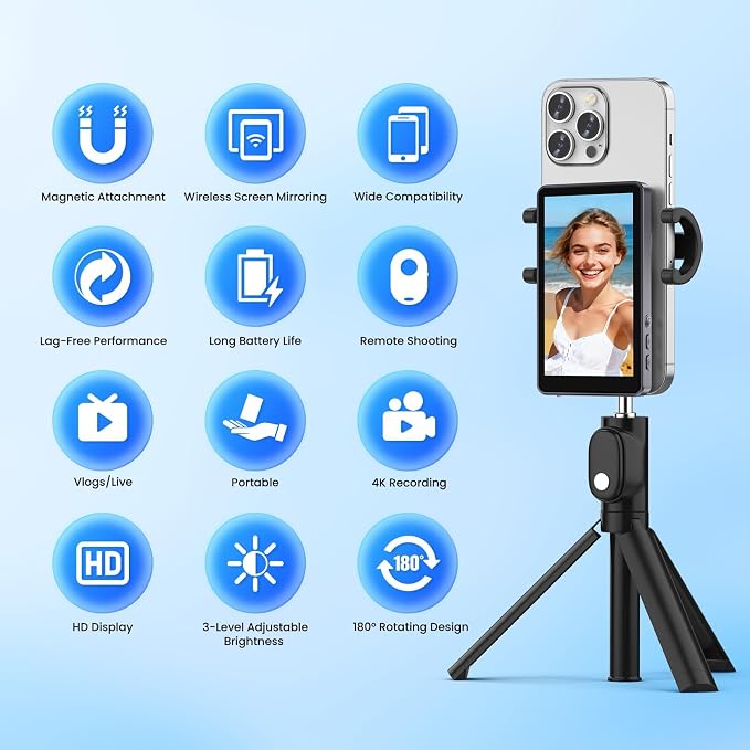 Vlog Selfie Monitor Screen iPhone, 4K 60fps Recording, Wireless Screen Mirroring