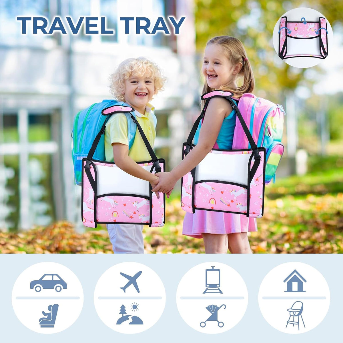 COOLBEBE Kids Travel Tray for Car Seat & Airplane, Pink Unicorn, 2-Pack