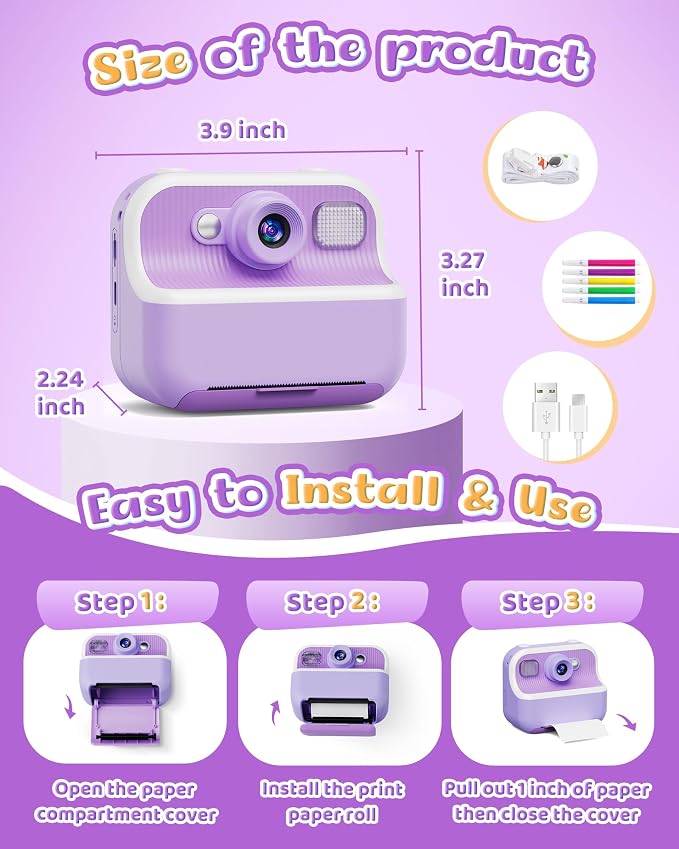 Instant Camera, Front Rear Dual Selfie Kids Camera