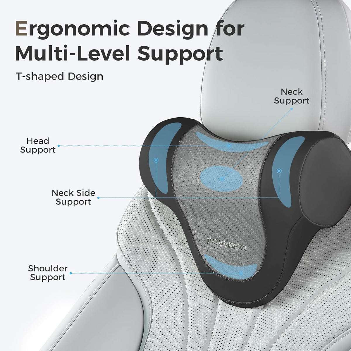 Coverado Car Headrest Pillow, Ergonomic Memory Foam Car Neck Pillow for Driving Seat with Adjustable Strap, Soft PU Leather Breathable Removable Cover Neck Support for Neck Pain Relief