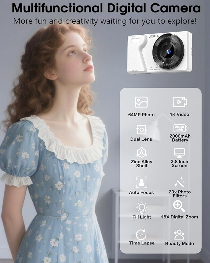 Digital Camera with Front Rear Lens, Autofocus 64MP 4K Camera