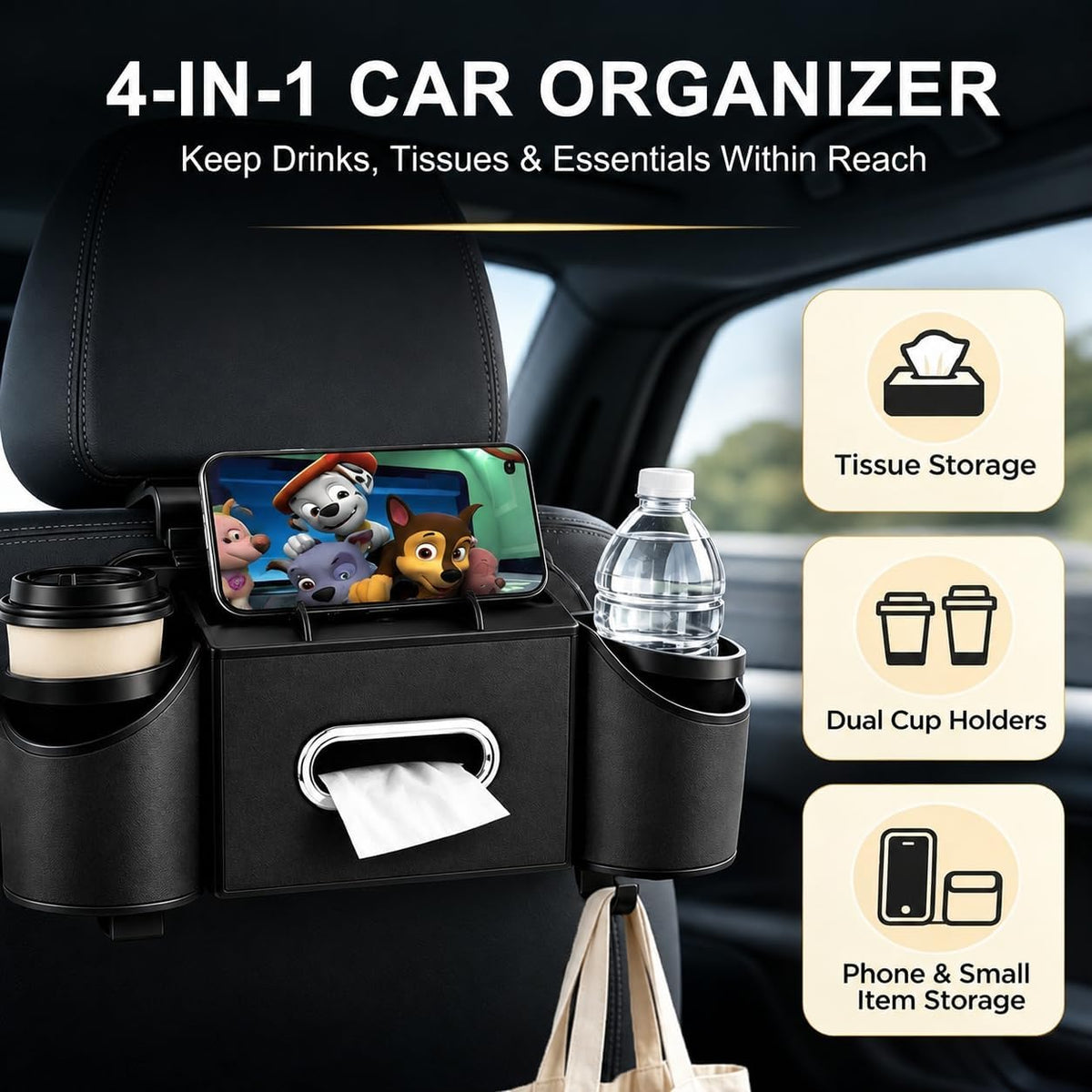 Back Seat Car Organizer, 2 Cup Holders, Tissue Holder, Phone Stand & Hooks