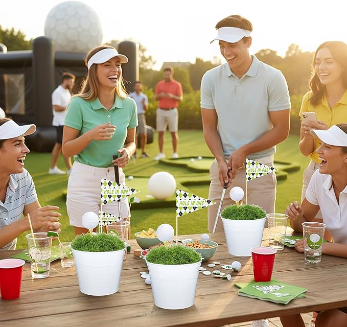 6 Set Golf Party Table Decorations Kit Party Supplies Includes Mini Golf Iron Bucket White Artificial Moss Lawn Flag Centerpiece Wooden Peg for Birthday Sport Themed Desk Rugby Favor(Round)
