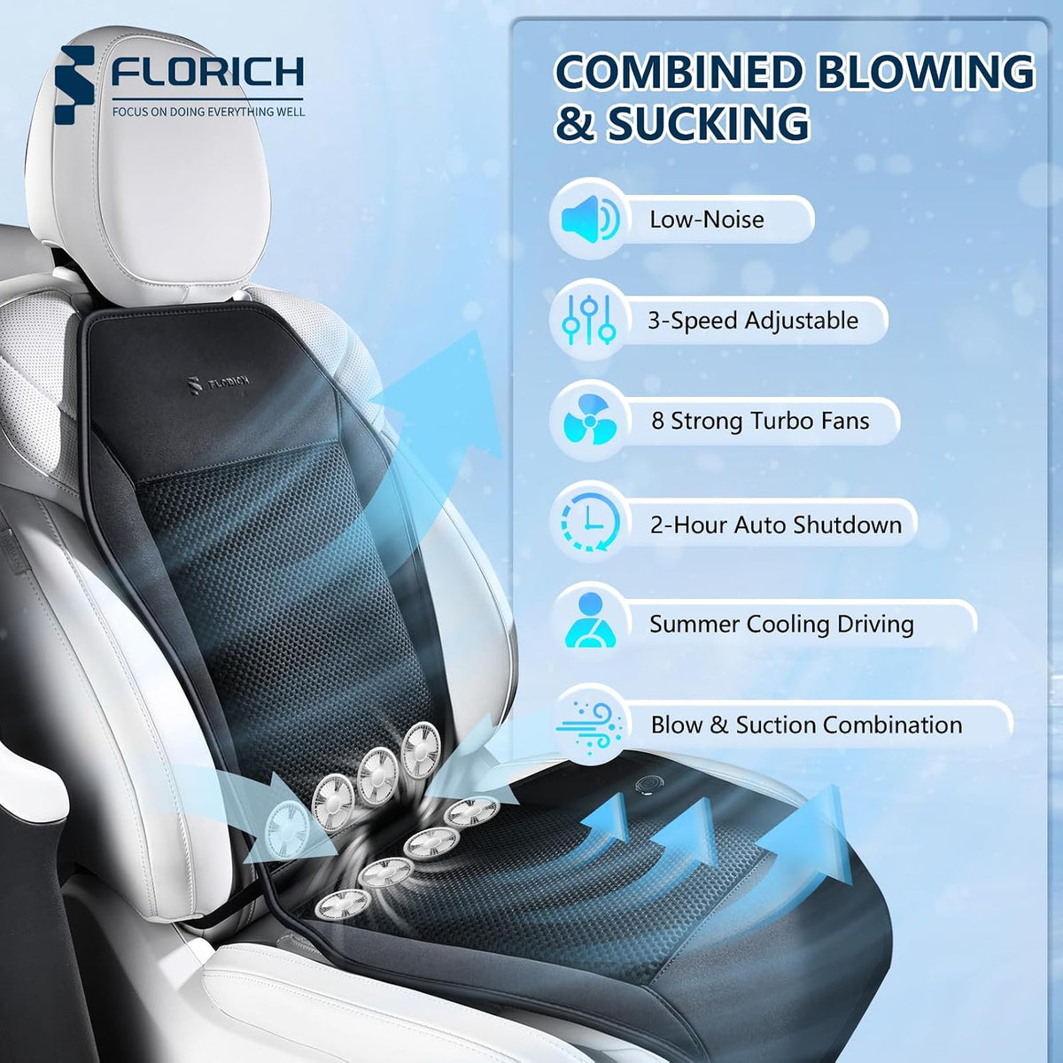 FLORICH Cooling Seat Covers with 8 Turbo Fans Ventilated Car Seat Cushion 12V-24V 3-Speed Adjustable Car Seats Cooling Pad Universal Fit for Car SUV Truck Van Summer Driving