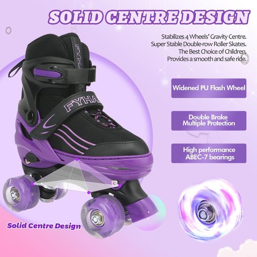 HXWY Kids Roller Skates for Boys Girls Child, Adjustable 4 Sizes Roller Skates for Adult and Youth with Light Up Wheels, Black Purple Patines para niñas for Outdoor Indoor Sports (Medium-Big Kid (1-4)