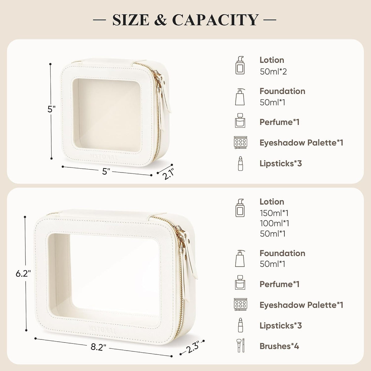 Small Clear Makeup Bag for Purse, Travel Cosmetic Case, Ivory, Mini