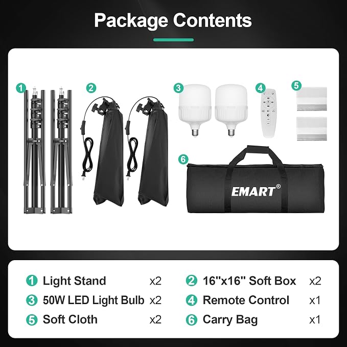 EMART Softbox Photography Lighting Kit, 50W 3000K-6000K LED Bulb