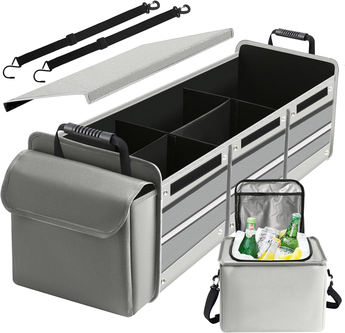 Snuopfy Car Trunk Organizer,115L Heavy Duty Collapsible Trunk Storage, with Insulated Leakproof Cooler Bag Vehicle Cargo Organizer with Lid, 3 Compartments, Straps For Car,Suv,Jeep,Sedan-Grey