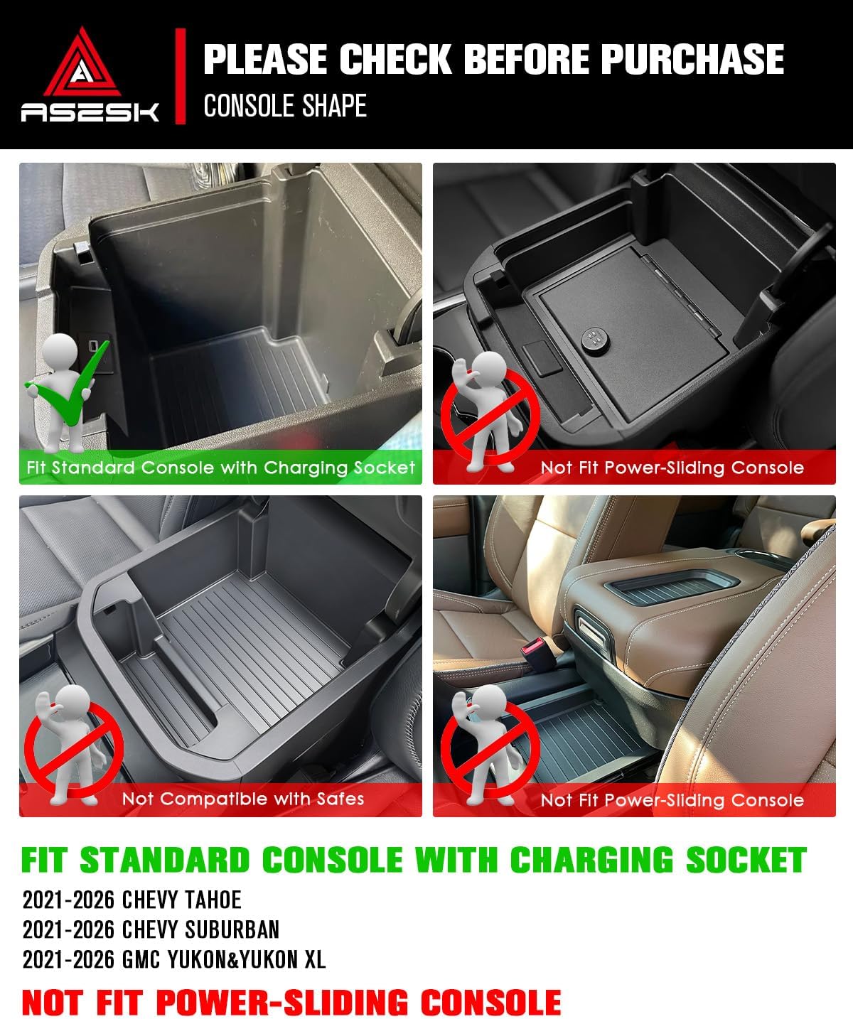 for 2021-2026 Chevrolet Tahoe& Suburban/GMC Yukon（Standard Console w/Charging Socket - Not for Power Sliding Console Center Console Organizer Tray ABS Materials