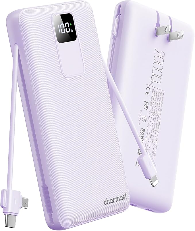charmast 20000mAh Portable Charger with Built-in Cables & Wall Plug, 20W USB C Power Bank, Fast Charging Battery Pack Travel Essentials Compatible with iPhone 16/15/14 Series, Samsung, Google, iPad