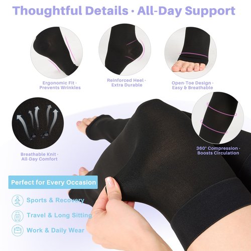20-30 mmHg Thigh High Compression Stockings for Women, Open Toe with Stay-Up Dot-Top - Relief for Varicose Veins, DVT, Swelling, Pregnancy & Travel, Black, Large