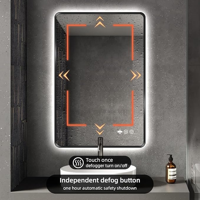 30 x 36 Black LED Bathroom Mirror, Metal Framed Rounded Corner Rectangle Backlit Mirror Bathroom, Anti-Fog, 3-Color Stepless Dimmable Lighted Mirror, Motion Sensor Lights, Memory Function