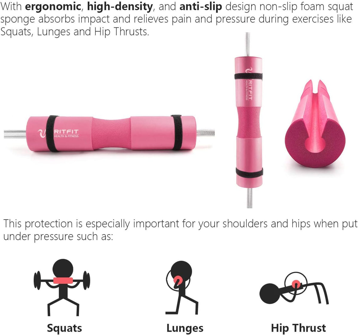 RitFit Barbell Squat Pad Set - 7 Pcs with Resistance Band & Safety Straps | Enhanced Neck & Shoulder Support (Pink/Black)
