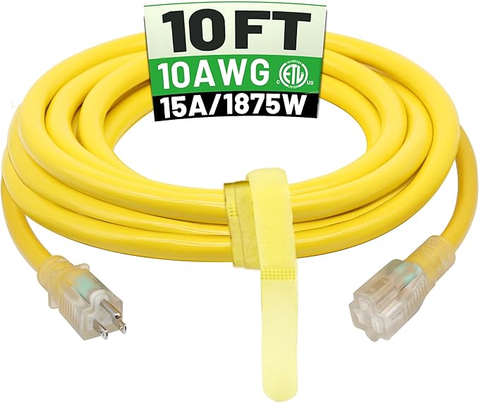 POWGRN 10 Ft 10AWG Outdoor Extension Cord Waterproof Heavy Duty 10 Gauge 3 Prong, Flexible Cold-Resistant Power Cord Indoor & Outside with Lighted Indicator End, 15Amp 1875W SJTW Yellow ETL Listed