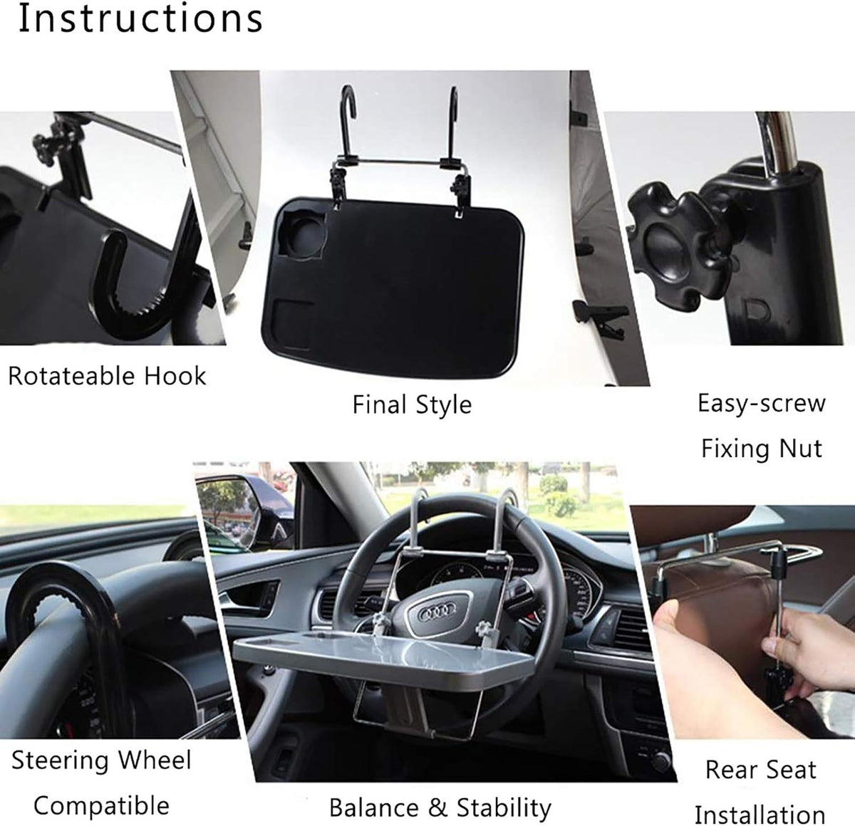 XINDELL Steering Wheel & Car Seat Tray - Universal Foldable Desk for Laptop, Food, Cup Holder - Portable Car Food Tray for Drivers, Kids, Road Trips - Fits All Vehicles
