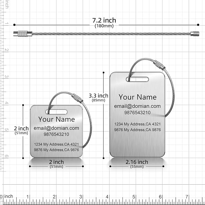 Stainless Steel Personalized Luggage Tags for Suitcases - Custom Name ID Travel Tags for Luggage, Backpacks and Bags - Metal Travel Essentials Accessories for Kids, Women and Men - Bulk Set (4 Pack)