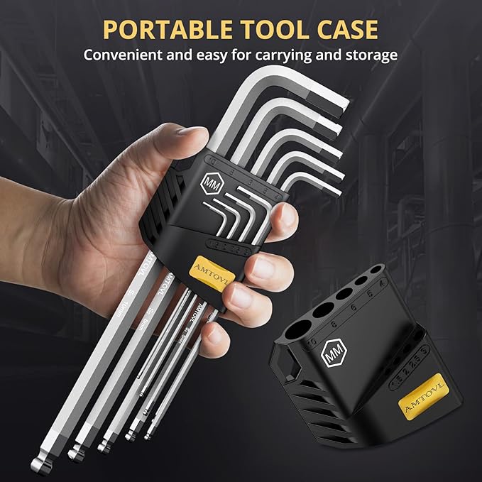 AMTOVL 27-Piece Magnetic Hex Key Set - S2 Steel SAE & Metric Allen Wrenches Set with Ball End Extra-Long T-Handle Design SAE 1/16"-3/8", Metric 1.5-10mm + TORX T10-T50