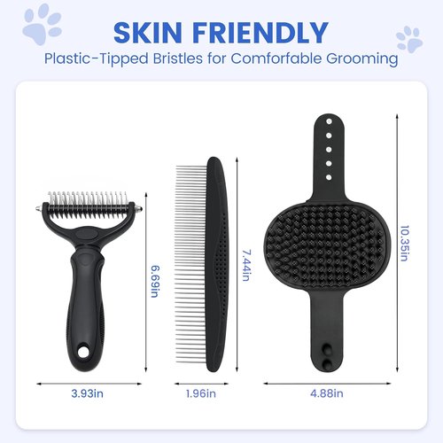 Double-Sided Pet Grooming Rake - 4-in-1 Professional Grooming Kit for Dogs & Cats | Extra-Wide Deshedding Tool (4PCS Black)