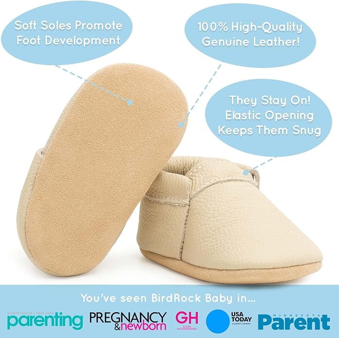 BirdRock Baby Fringeless Moccasins - Genuine Leather Boys and Girls Shoes for Newborns, Infants, Babies, Toddlers