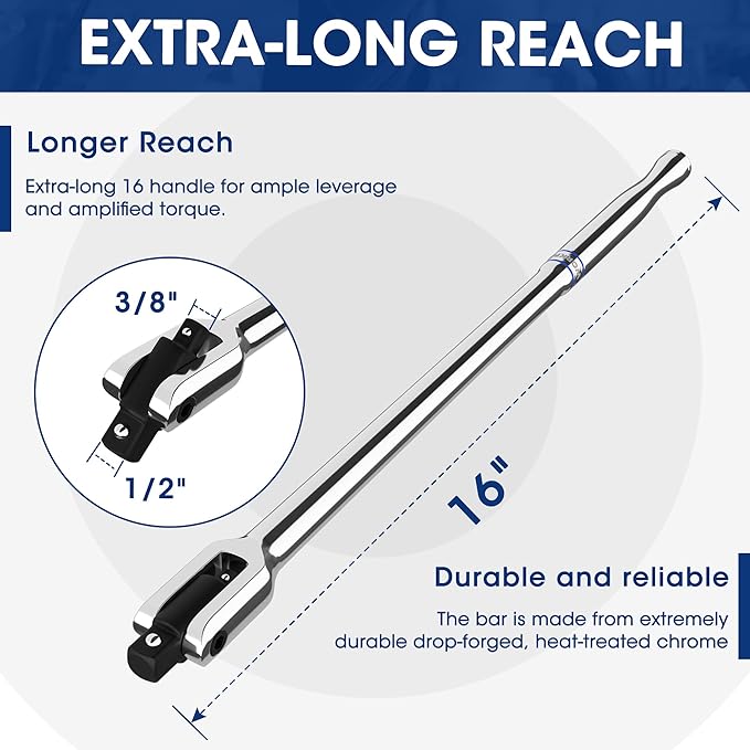 WORKPRO 16-inch Dual Drive Breaker Bar, 3/8" & 1/2" Drive 8-inch Dual Drive Breaker Bar, 3/8" & 1/4" Drive