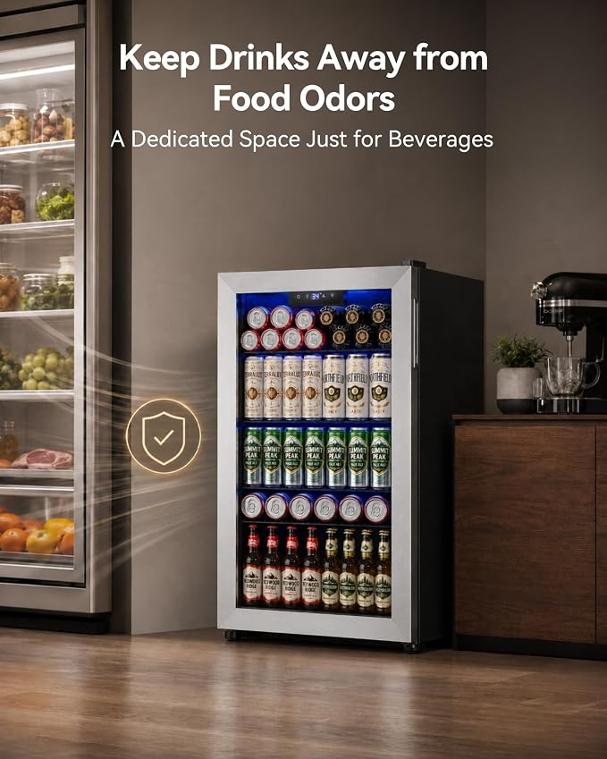 Feelfunn Beverage Refrigerator Cooler - 126 Can Mini Fridge Glass Door for Drinks Soda Beer Wine - Small Refrigerator for Office Bedroom Home Bar, 4 Adjustable Shelves, 3.2 Cu.Ft, Silver