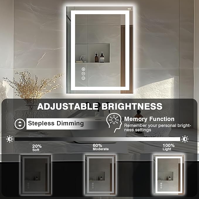 24"x32" LED Bathroom Mirrors for Wall, Front and Backlit Mirror, Anti-Fog Vanity Mirror with Lights, Stepless 3 Colors Dimmable Smart Lighted Mirror(Horizontal/Vertical)