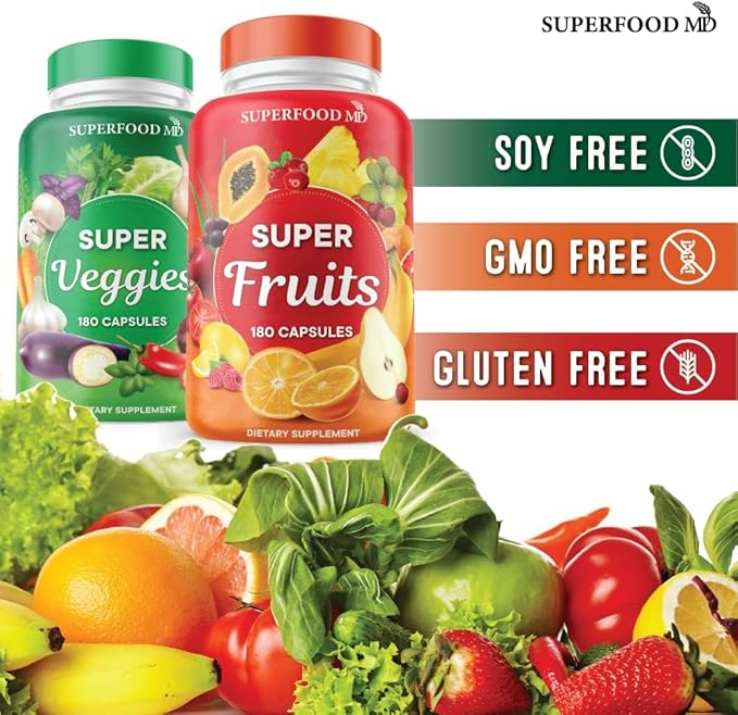 Superfood Fruit and Veggie Supplement - 360 Whole Super Fruit and Vegetable Supplements & Vitamin, Natural Energy Levels, with Olive Leaf Soy Free- 180 Count (Pack of 2)