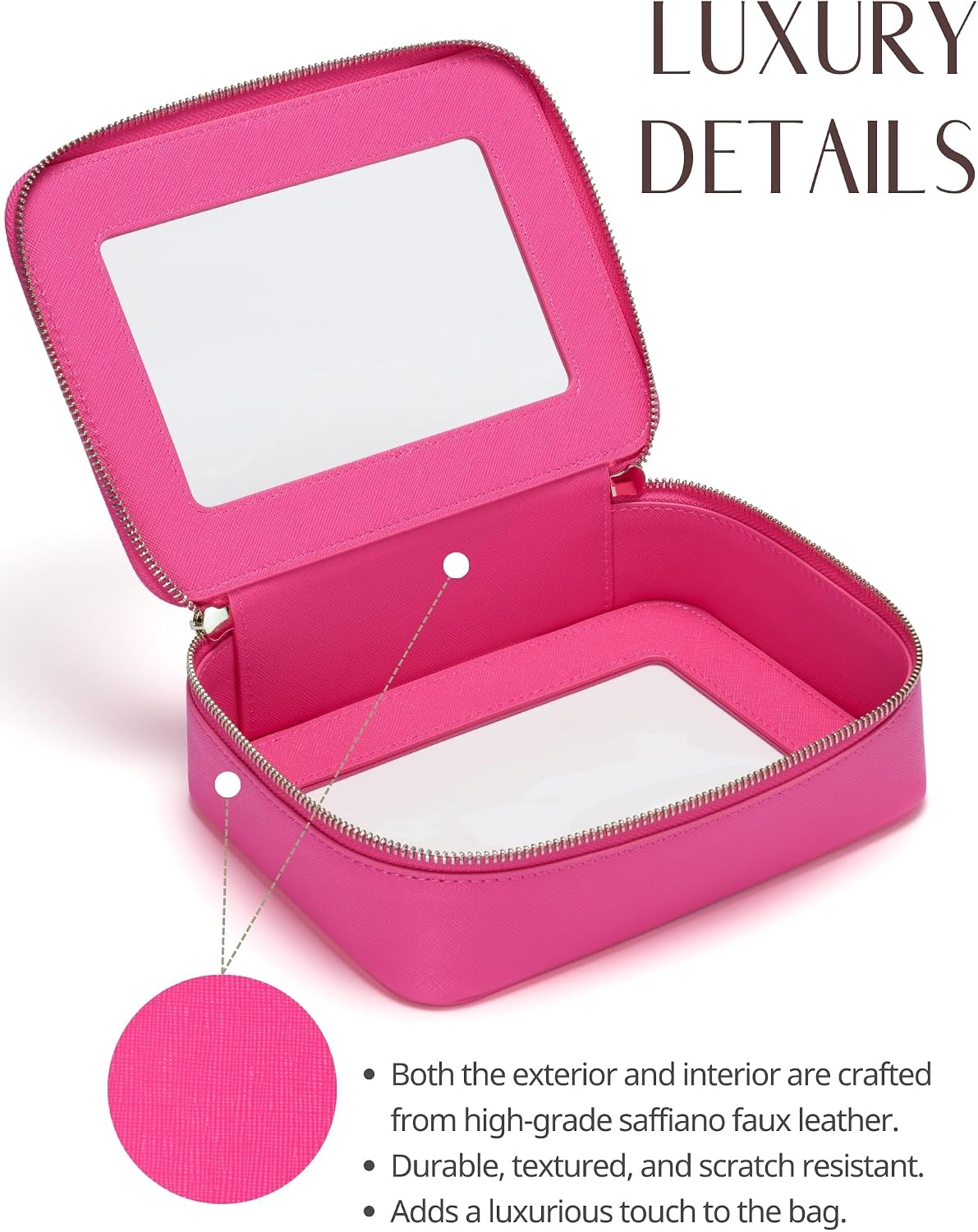 Popvibe Clear Makeup Bag Travel Cosmetic Case Transparent Toiletry Bag with Zipper, Portable Make Up Organizer Traveling Compact Car Bag for Essentials, Hotpink, Medium