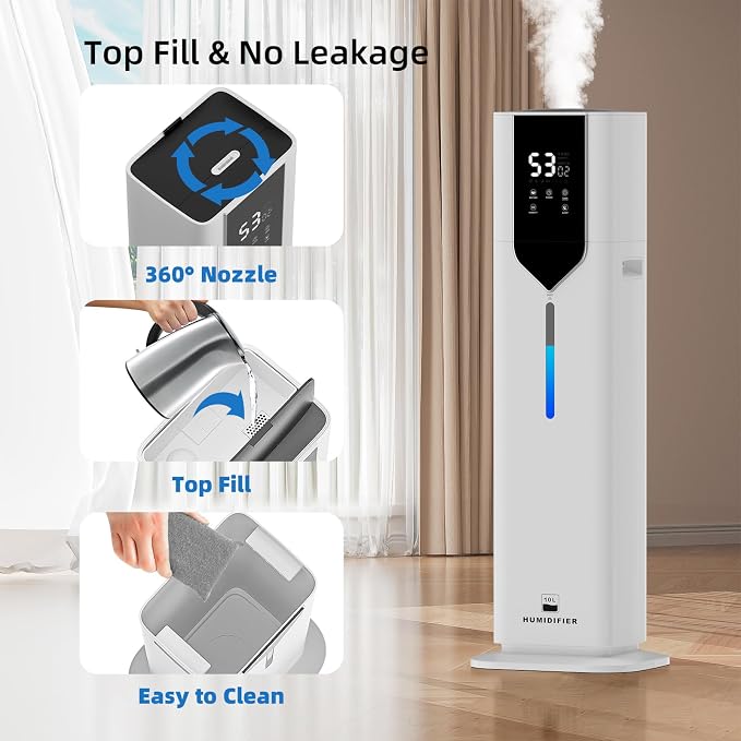 10L/2.6Gal Smart Humidifiers for Bedroom Large Room up to 600ft², 100H Runtime Cool Mist Top Fill, Ultra Quiet 30dB, Auto Control, Perfect for Bedroom, Office, Baby, White