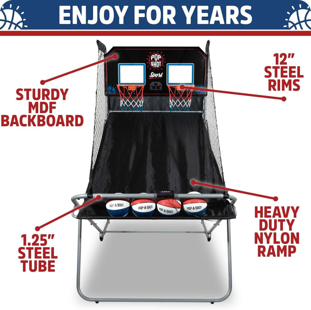 Pop-A-Shot - Dual Shot Arcade Basketball Game | 10 Game Modes & Paddle Scoring | Foldable Design for Easy Storage