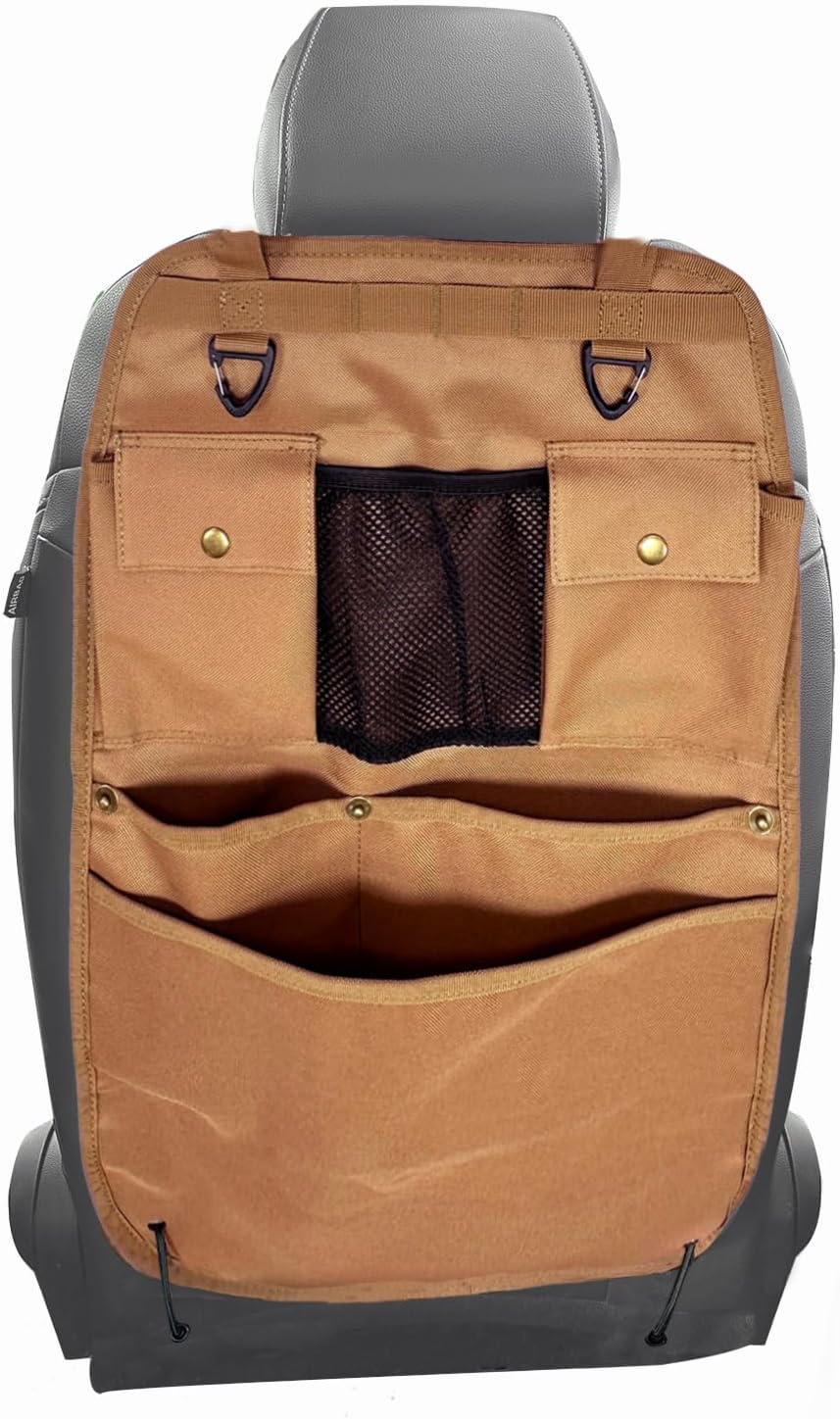 Car Seat Back Organizer with Multiple Pockets and Hooks (brown)