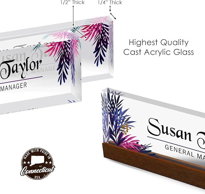 Artblox Personalized Office Desk Name Plate and Business Card Holder | Clear Acrylic Glass with Teak Wood Stand | Leaf Design Customized with Your Name and Credentials Office Desk Decor