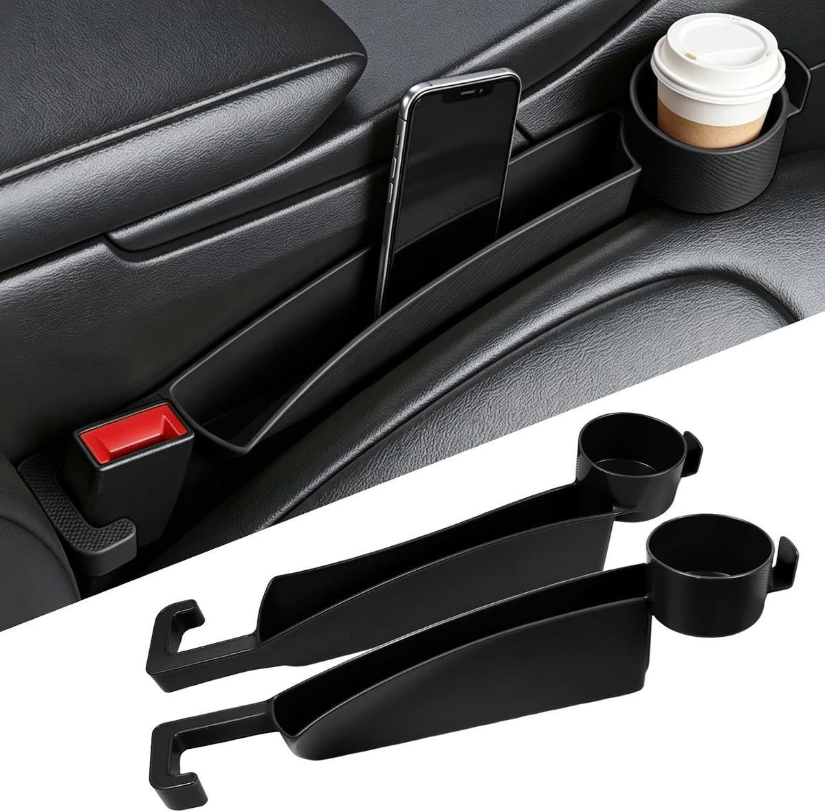 Wuyaoyao 2PCS Car Seat Gap Filler Organizer, Multifunctional Vehicle Seat Side Gap Filler with Organizer & Cup Holder, Automotive Seats Crevice Stopper Gaps Plug, Universal Car Accessories (Black)