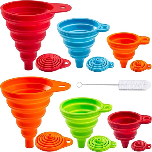 KALAVE Kitchen Funnel Set 6 Pack - Food Grade Silicone Collapsible Funnel, Funnels for Kitchen Use Filling Bottles, Daily Cooking, and Water or Powder Transfer. (Multicolor)