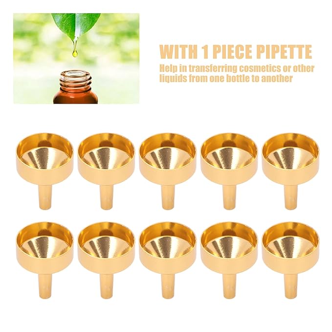 ANGGREK 10pcs Mini Aluminum Alloy Funnel Set for Filling Bottles and Transferring Cosmetics, Perfume (Golden)