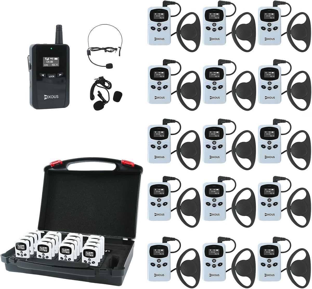 Wireless Tour Guide System with Charging and Carry Case. 200m, 16kHz High-Fidelity Sound Church Translation, Headsets for Plant, School, Simultaneous Interpretation (1Tx 15Rx)