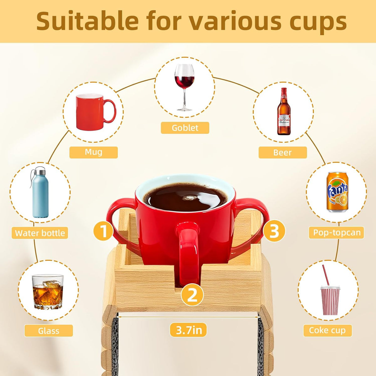 Bamboo Couch Cup Holder – Non-Slip Armrest Tray for Recliner & Loveseat – Large Caddy for Drinks, Cell Phone, and TV Remote(Large)