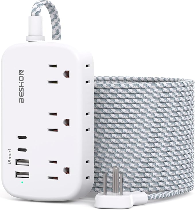 Extension Cord 20 Ft, Flat Plug Power Strip with 6 Outlets with 4 USB Ports(2 USB C), Wall Mount Charging Station, No Surge Protector for Home Office College Dorm Room Travel Essentials