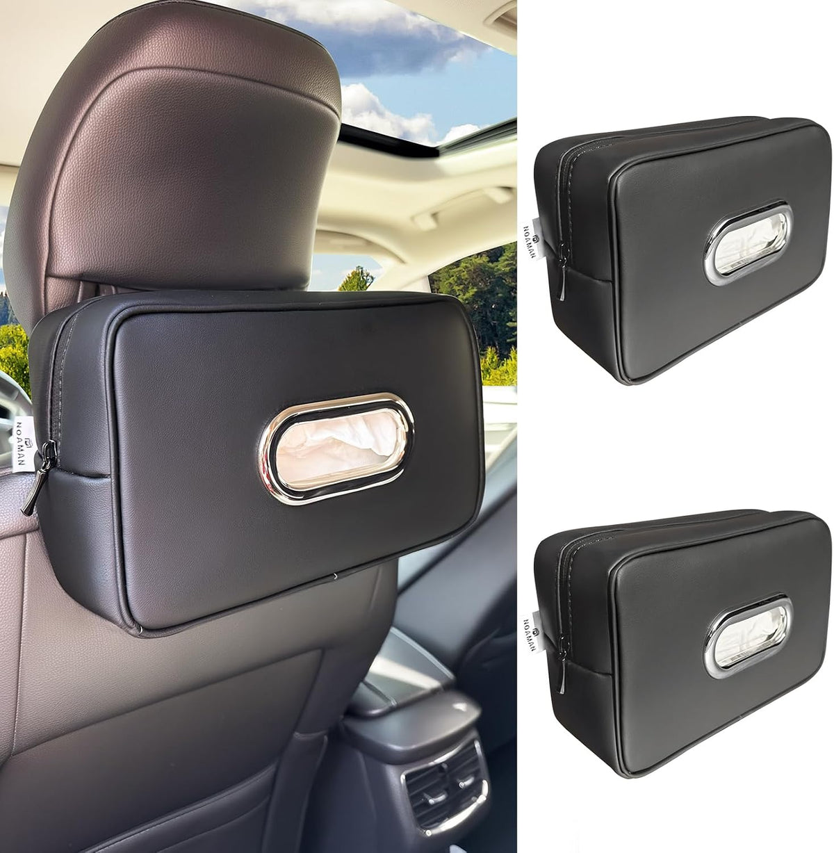 Noaman 2Pack Car Tissue Holder Leather, Car Kleenex or Napkin Holder Black